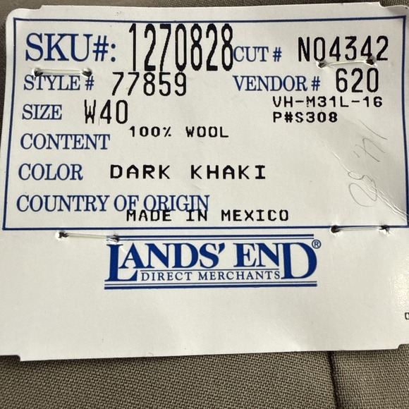 NWT Lands End Mens 40x34 Dark Khaki Wool Dress Pants Trousers Pleated Cuffed - Picture 8 of 8